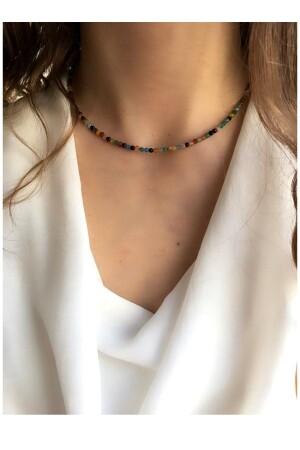 MNZ-النساء 925 سدرلينغ الفضة براءة اختراع ألوان خضراء الأجيت حلقة عنق حجر طبيعي (2mm) DKA567 - Serline Desing