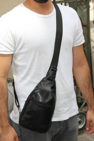 كيس من الجلد الأصلي من الجسم المتقاطع من الجسم من الجسم الأسود من MNZ مع أربعة أقسام إصلاحية شريط الكتف B990092 - besmoda