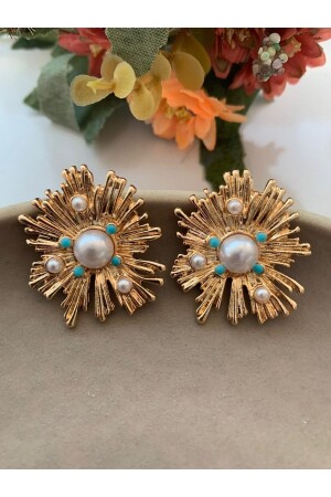 أرنقات زهرة كبيرة من MNZ مع اللؤلؤ والحجارة الزرقاء - Pelin Aksesuar