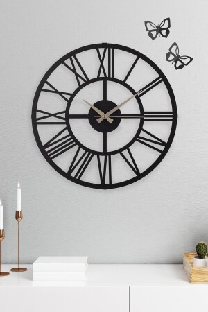 ساعة الحائط من الـ MNZ رقم الروماني ساعة الحائط من الـ Black Metal 40cm، تتضمن الفراشات الديكورية - vinyet