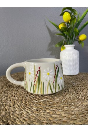 كوب قهوة مزدوجة من كوب MNZ - Ceramic White Daisy - İlbay Çini Takı