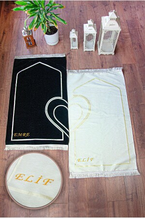 اسم MNZ مطحنة ناعمة النسجة Chenille صلاة سجادة مع قلوب للزوجين كريم أسود - Ihvanonline