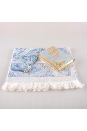 سجادة صلاة MNZ + لون الصلاة + مجموعة هدية القرآن (حجم الحقيبة - السلم - أزرق ضوء) - Hayrat Neşriyat