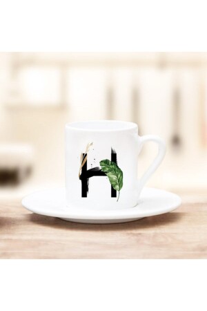 كوب قهوة من تصميم ورقة مزخرفة من MNZ مع حرف H مكتوب AZ-1509 - Ayzi Tasarım