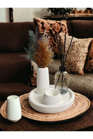 صيغة خاصة من اللون الأبيض من نوع MNZ حامل شمعة ذات رائحة ناعمة ومقطوعة - مجموعة ملحقات مع وعاء ومقعد مطاطس - Havalı Tasarım