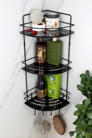 MNZ-لاستين أسود ثلاثي الأسلاك شامبو حامل ملصق حمام الزاوية منظمة غرف الاستحمام مع رف الكريستال - Himyhome