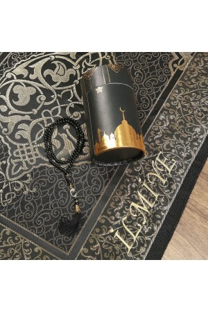 مجموعة هدية رمضان المخصصة من قبل منظمة (MNZ) ، صندوق سلندرات و كؤوس صلاة للكرم و سجادة صلاة تافيتة - سوداء - İkranur