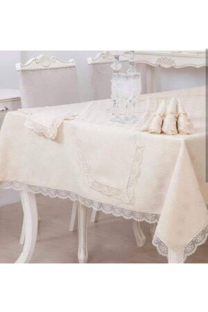 MNZ- الفرنسية المزق Kdk المنسوجة طاولة الطعام مجموعة الكريم 18 قطعة مع الجري - Köşem Çeyiz