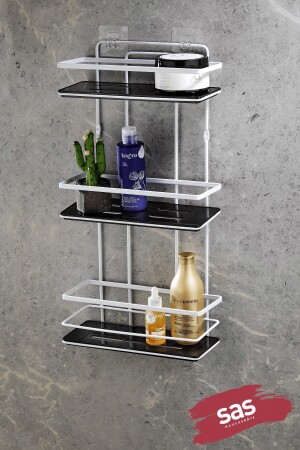 MNZ-الملصق على مدى الحياة رف لا يصلح للصدأ المنظم الحمام حامل الشامبو الكروم - الأسود Lş-03 PRA-592037-3960 - Sas Haus