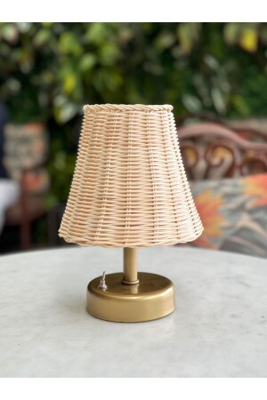 MNZ- راتان & بامبو طاولة أعلى بطارية لا سلك تعمل المصابيح المظلة طاولة مصباح الذهب القديم - Maison Avf