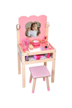 طاولة تجميل تجميل الأطفال من الخشب من MNZ مع البراز mslmkjtbr - Masal Oyuncak