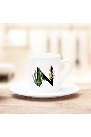 كوب قهوة من تصميم ورقة مزخرفة من MNZ مع حرف N مكتوب AZ-1516 - Ayzi Tasarım