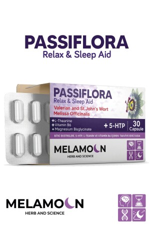 MNZ- Passiflora مضخة بالمغنيسيوم و 5- HTP 30 كبسولة للمساعدة على الإجهاد والنوم - Melamoon