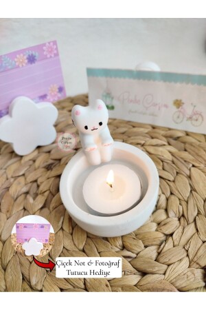 حامل شمعة القطة الباردة من MNZ و حامل ملاحظة الزهور هدية - شمعة مدرجة في السعر - Pembe Çarşı