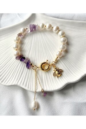 مادة من المعتمدة على MNZ - Perl Real و Amethyst Natural Stone Zircon Design زنزانة نسائية مع صورة نحلة - Jewine Studio