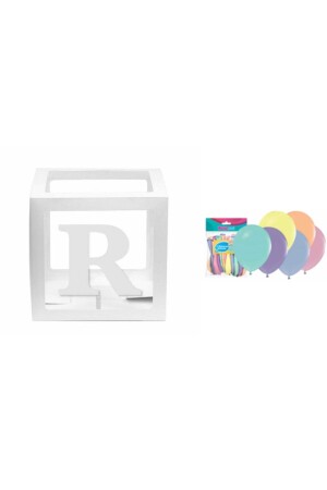 صندوق MNZ شفاف أبيض بحرف R ومجموعة بالون - Doğumgünü Marketim