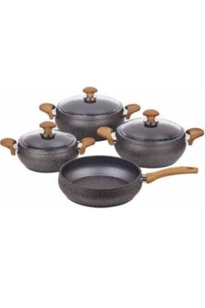 كاسيرول من غرانيت MNZ Set Gray Wooden Handle كاسيرول خشبية - Özkent