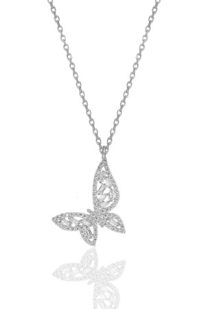 MNZ- الفضة روديم باجيت قطع زيركون حجر فراشة عنق SGTL11981 - Söğütlü Silver