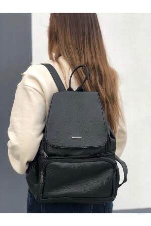 حقيبة ظهر من الجلد المغسله السوداء للنساء MNZ - Lebina