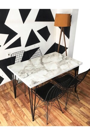 طاولة مطبخ من طراز من الرخام الأبيض MNZ مع مقاعد الأسلاك للأربعة أشخاص STNTY00241 - STONE CONCEPT MOBİLYA