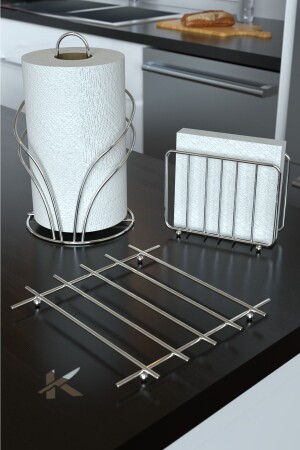 MNZ-الفخامة الخدمة الصلبة عرض مجموعة حامل المنشفة حامل النابكين Trivet الملموسة كروم 3 قطع المطبخ دائرة كروم3 - KARTEYA