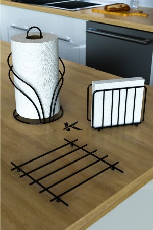 MNZ-الفخامة الخدمة من الصلب العرض مجموعة حامل المنشفة حامل النابكين Trivet أسود لامع 3 قطع المطبخ مع CircleBlack3 - KARTEYA