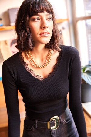 MNZ-النساء السوداء العنق الوصف V-الرقبة القميص الخياطة bluse BLZ-19001713 - Olalook