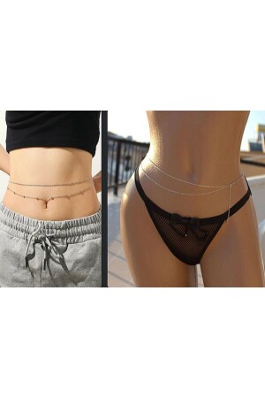 MNZ- الفضة سلسلة حمام مسطحة مزدوجة وسلسلة مسطحة مزدوجة + مجمل الجسم المجوهرات الجسم مجموعة عنق (القياس قابل للتعديل) - Classy