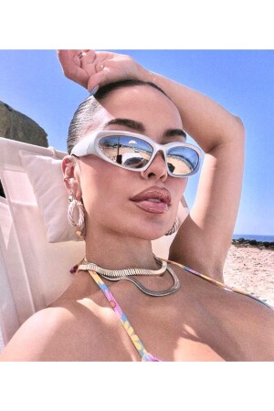 MNZ-إطار الميلينيوم Y2k تصميم واحد النسخة النظارات الشمسية اللؤلؤ - الرمادي مرآة المظهر - Goldmine