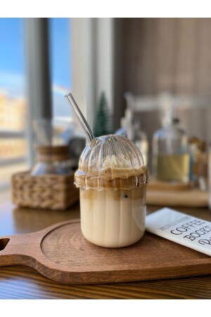 MNZ-1 قطعة زجاجية حرارة بيضوية مقاومة كوب Pinterest مع الغطاء، القهوة وكوب العرض 430 مل - Mimoza Park