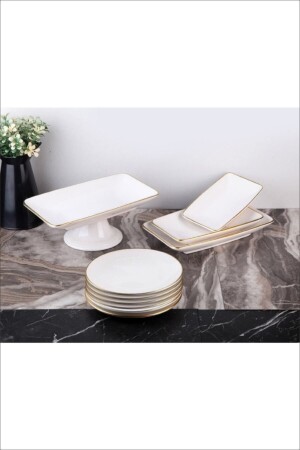 MNZ-10 قطعة كعكة ذهبية بيضاء خدمة تقديم الصحن مجموعة 10 قطع بيضاء - GÖNÜL