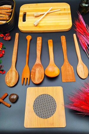 MNZ-10- Piece الطبيعي الخشب الفاخرة لوح قطع المطبخ الخدمة اللادل ملعقة العسل Trivet دودي مجموعة مصنوعة يدويا - Swencraft