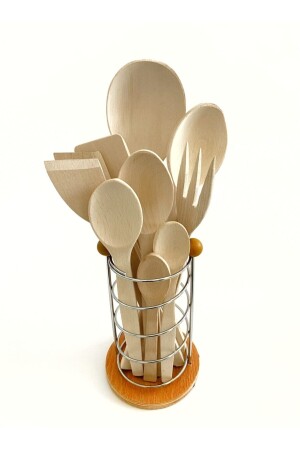 MNZ-10 قطعة ملعقة خشبية قشرة خشبية تخدم اللادل شوك أدوات - مع الصالة المعدنية YNGN. STNDLI. ST - Kitchen Mania