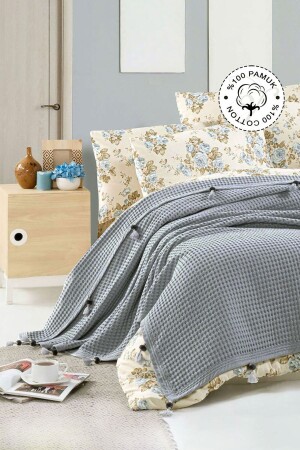 MNZ-100% القطن مزدوج السرير المزدوج، الوهف النمط البومبوم الرمادي المزدوج 01. 3001. 02 - Vionel Home