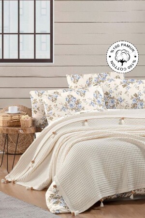 MNZ-100% قطن مزدوج المكعب، نمط الفوفل، كريم البومبوم المكعب 01. 3001. 02 - Vionel Home