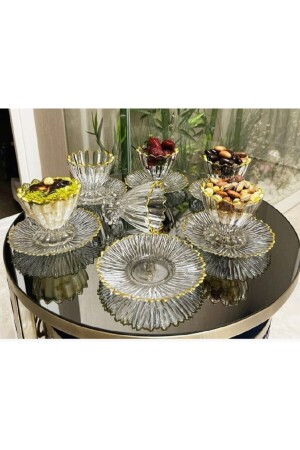 MNZ-12 قطع فخمة طعام خفيفة ذو قدم ذهبية آيس كريم طبق لـ 6 أشخاص - Kardelen Kristal