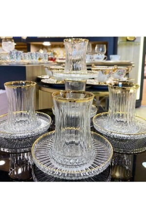 MNZ-12 قطعة إيليسيا قطع حقيقي صبغة الشاي المزودة بالذهب مجموعة - Paşabahçe