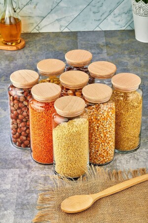 MNZ-1.3 Lt وعاء زجاجي مع غطاء فراغ خشبي مجموعة من 9 1300 مل G2736-9-t - FBZhome