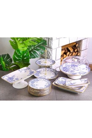 MNZ-13 قطعة من الذهب الأبيض الأزرق نمط كعكة خدمة عرض مجموعة - Laviss