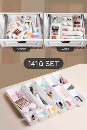 منظمة مخزنات من الموديلات MNZ-14 Piece Modular Drawer Organizer، مكياج الحمام ومكياج المجوهرات - منظمة مكتب المكتب المكتب MCH-665 - Meleni Home