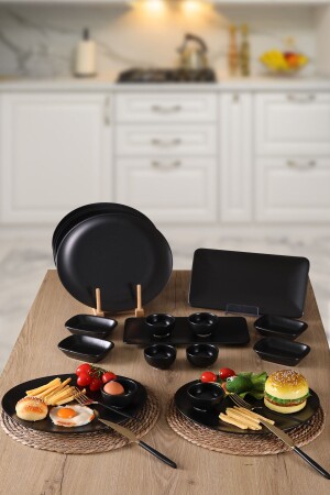 MNZ-18 قطعة سوداء متسقة عشاء و إفطار عرض مجموعة 6 أشخاص BUKETİN-EVİ-371 - Keramika