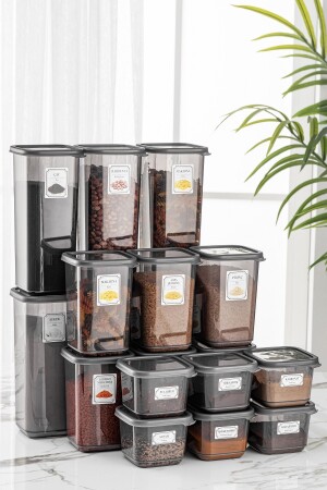 MNZ-18- Piece Pino Spice Jar مخزن تخزين الطعام - مجموعة من العطور المربعة مع غطاء 6x(0,50 LT-1,10 LT-1,70 LT) MCH-743 - Meleni Home