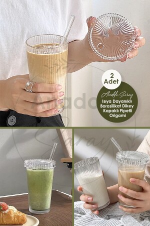 MNZ-2 قطع كؤوس مقاومة للحرارة Borosilicate Glass Origami Shaped Cups with Lids and Straws كؤوس عرض القهوة مجموعة من 2. رقم. بيبيت. غط - Anadolu Saray Çarşısı