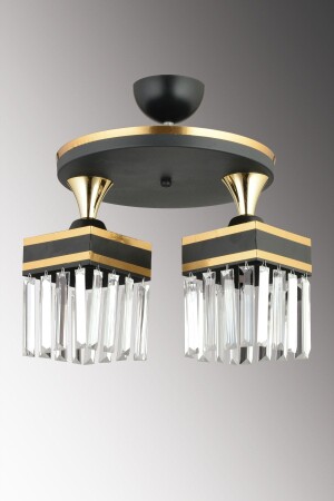 MNZ-2- Piece Black Tray Crystal Stone Plafonier مربع شريط صفراء متجهة نحو الأسفل شمعة فاخرة SNSZ811101901 - SONSUZ AYDINLATMA&AVİZE