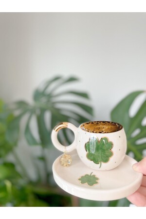 (MNZ-24k) كوب قهوة تركية مزدوجة ذهبية مع كلوفر - أورينغ غرين كلوفر وصل - Mugtasarım