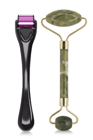 MNZ-2-Piece مجموعة رعاية الجلد Dermaroller Titanium 540 إبرة 0.5 ملي متر + jade Stone Face Massager MDYMTS - MUJGAN