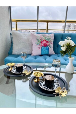 MNZ-2-Piece Gold Butterfly Round Black Presentation Tray، تخزين الخدمة الخزينة، الشاي، الكعك، القهوة 24 سم S224KBK - Aslı Hediyelik