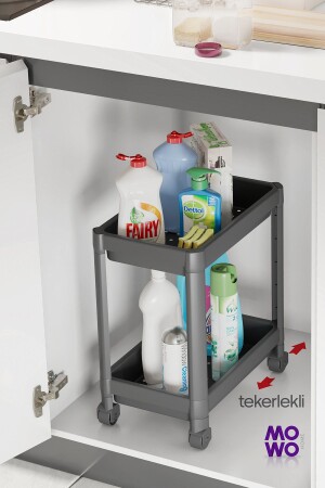 MNZ-2-Tier Wheeled Organizer Shelf Gray - غرف حمام - مخزن المطبخ و تحت الغسالة - حامل للمطهر - Mowo Home