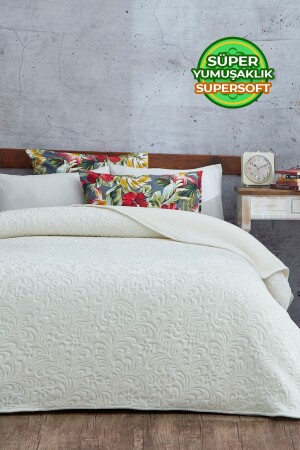 MNZ-3 كيلوغرام إيمبوس طباعة باميلا سميكة غطاء مزدوج 230x240 سم كريم Q-YAT-99808 - Evlen Home Collection