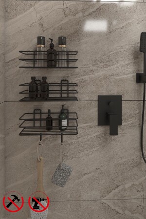 MNZ-3 قطع 3 طبقات غرف الاستحمام المطبخ منظمة رف مع الغرطة الملتصقة مات الأسود - Alper Banyo